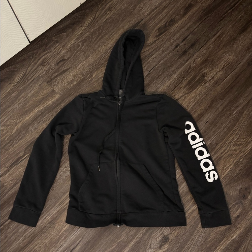 Adidas Black Zip-Up Hoodie with White Sleeve Logo